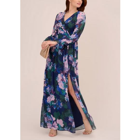 New ADRIANNA PAPELL Women's Navy Multi Floral Print Chiffon Maxi Dress Size 8 - Picture 3 of 10